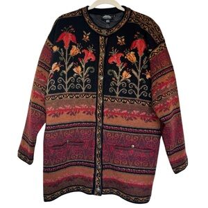 Icelandic Design Wool Floral Folk Art Button Front Cardigan Jacket XL